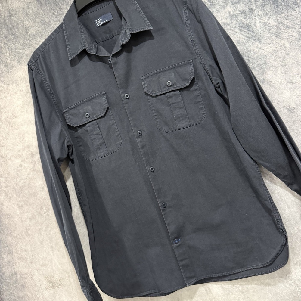 GAP Men L Athletic Fit Black Utility Long Sleeve Button Front Double Pocket